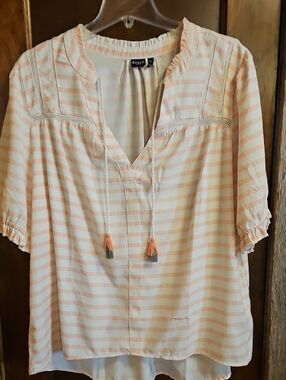 Cruel Girl Peach and Cream Striped Peasant Top